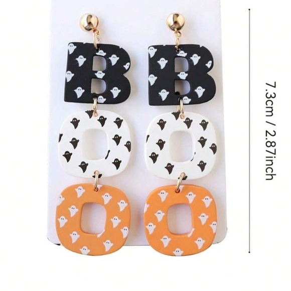 Boo Ghost Earrings Black White Orange Halloween NWT.       ‎                C3 - Picture 3 of 4